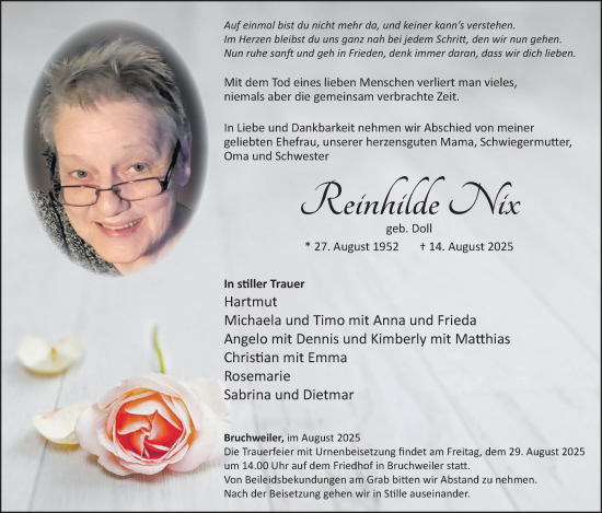 Traueranzeige von Reinhilde Nix von WochenSpiegel