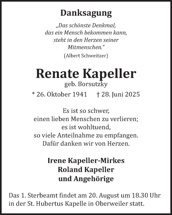 Traueranzeige von Renate Kapeller von WochenSpiegel