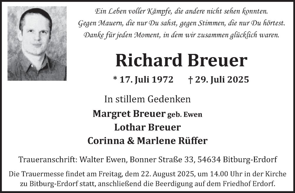  Traueranzeige für Richard Breuer vom 15.08.2025 aus WochenSpiegel