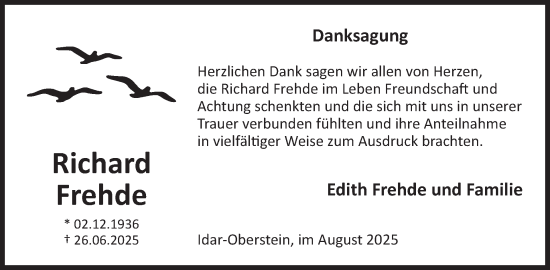 Traueranzeige von Richard Frehde von WochenSpiegel