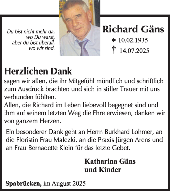 Traueranzeige von Richard Gäns von WochenSpiegel