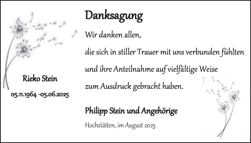  Traueranzeige für Rieko Stein vom 02.08.2025 aus WochenSpiegel