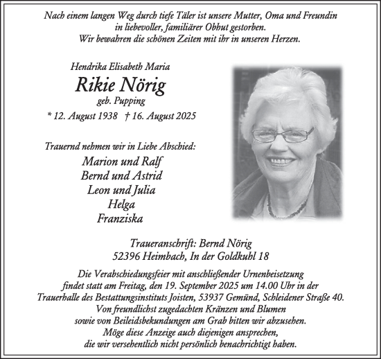 Traueranzeige von Rikie Nörig von WochenSpiegel