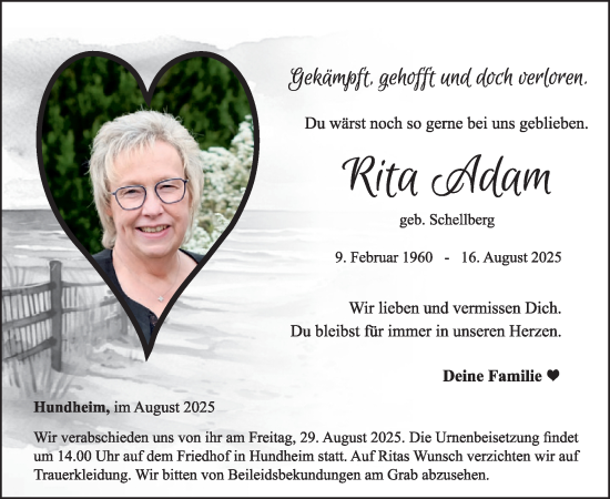 Traueranzeige von Rita Adam von WochenSpiegel