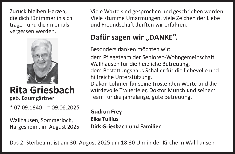  Traueranzeige für Rita Griesbach vom 23.08.2025 aus WochenSpiegel