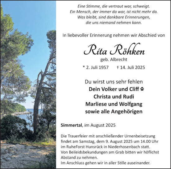 Traueranzeige von Rita Röhken von WochenSpiegel