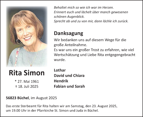 Traueranzeige von Rita Simon von WochenSpiegel