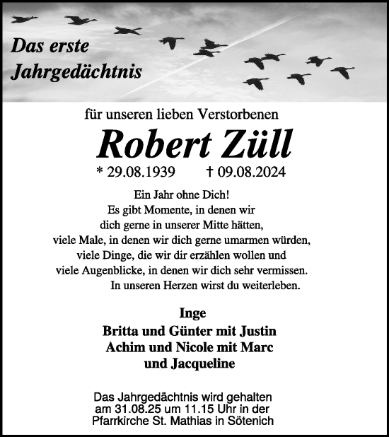 Traueranzeige von Robert Züll von WochenSpiegel