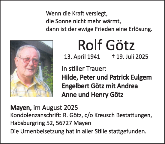Traueranzeige von Rolf Götz von WochenSpiegel