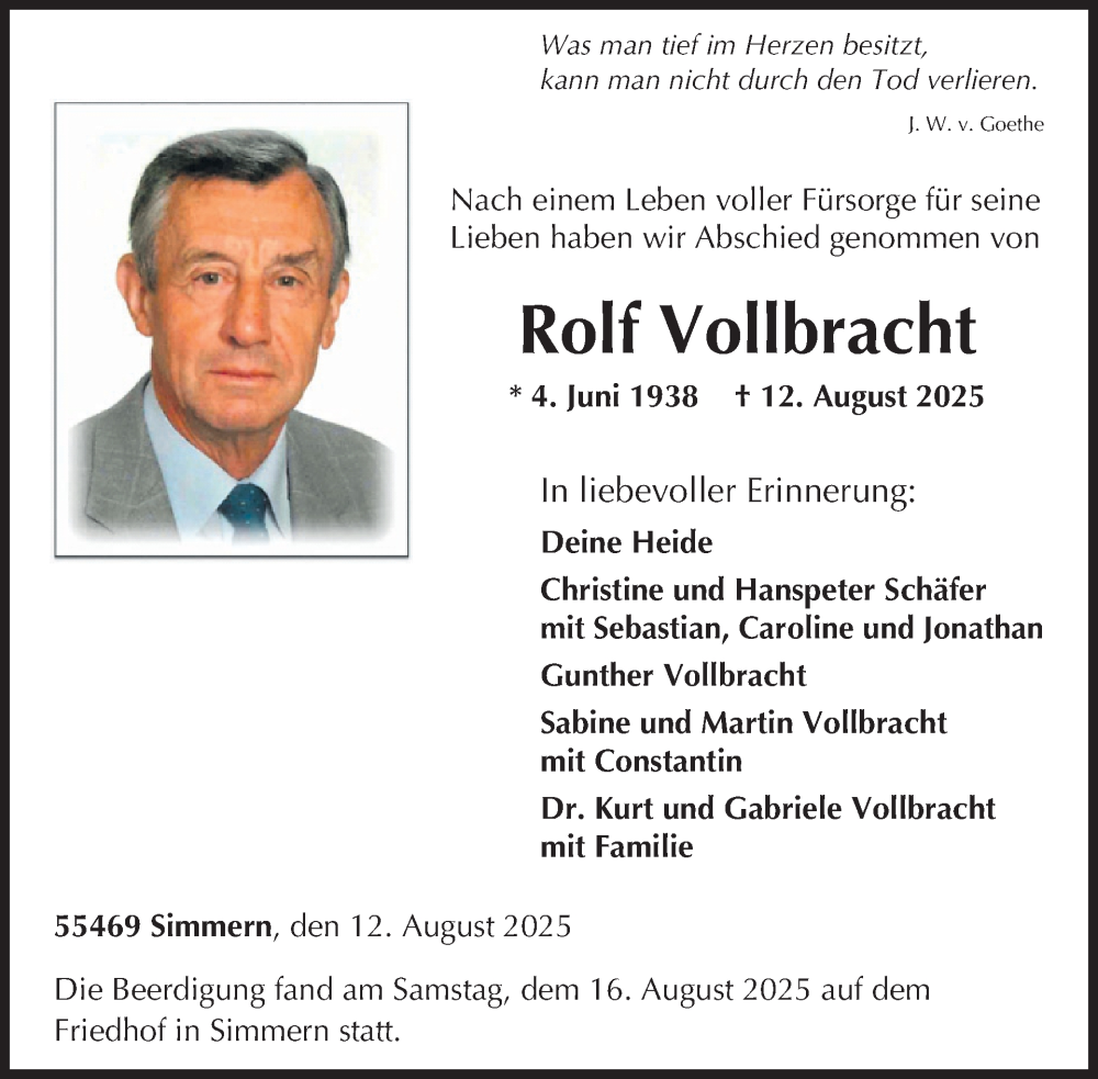 Traueranzeige für Rolf Vollbracht vom 23.08.2025 aus WochenSpiegel