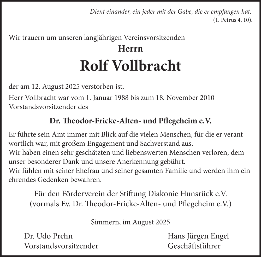  Traueranzeige für Rolf Vollbracht vom 23.08.2025 aus WochenSpiegel