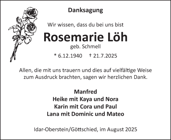 Traueranzeige von Rosemarie Löh von WochenSpiegel