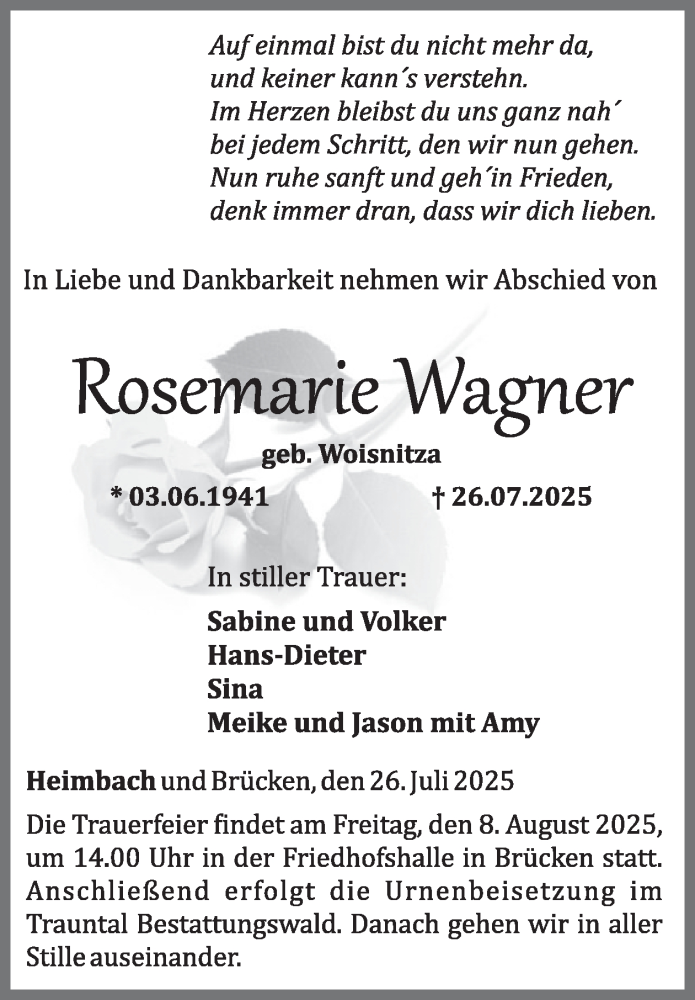  Traueranzeige für Rosemarie Wagner vom 02.08.2025 aus WochenSpiegel