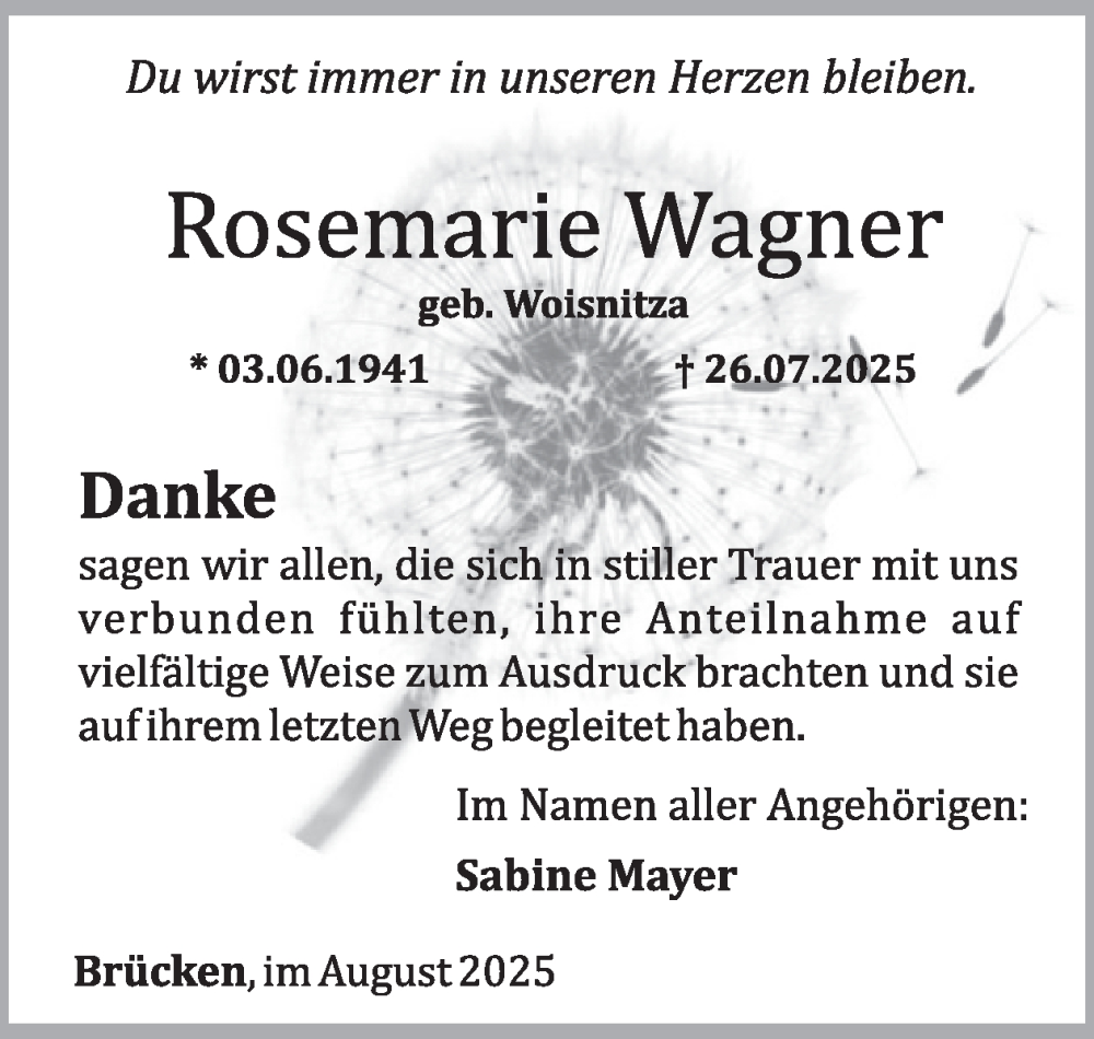  Traueranzeige für Rosemarie Wagner vom 23.08.2025 aus WochenSpiegel