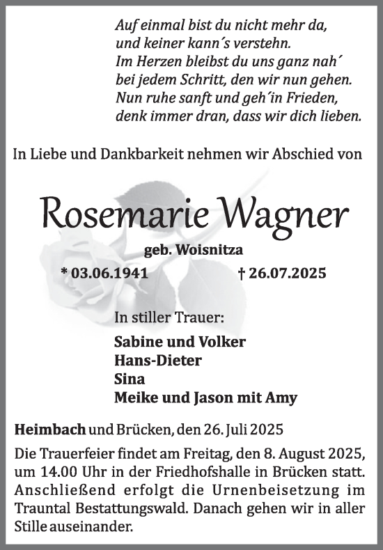 Traueranzeige von Rosemarie Wagner von WochenSpiegel