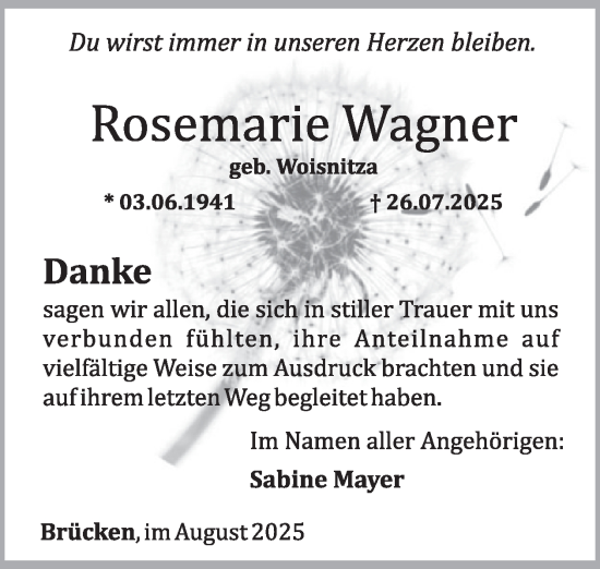 Traueranzeige von Rosemarie Wagner von WochenSpiegel