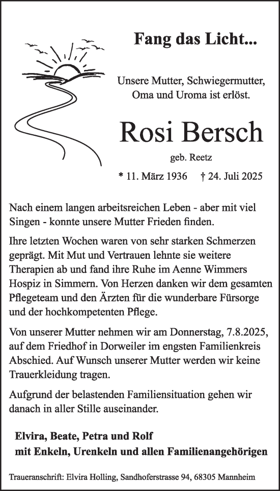 Traueranzeige von Rosi Bersch von WochenSpiegel