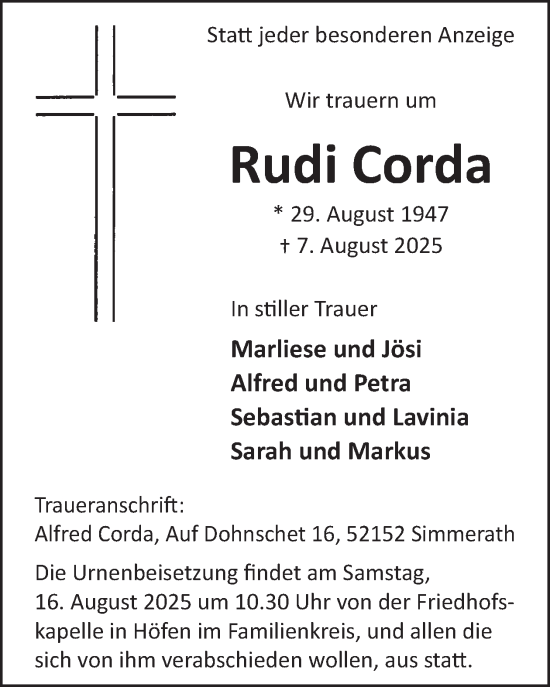 Traueranzeige von Rudi Corda von WochenSpiegel