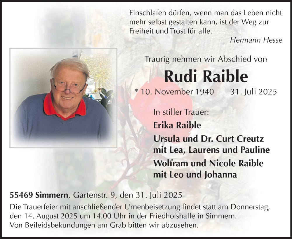  Traueranzeige für Rudi Raible vom 09.08.2025 aus WochenSpiegel