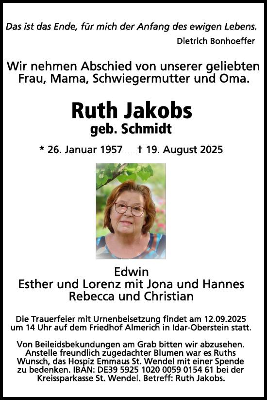 Traueranzeige von Ruth Jakobs von WochenSpiegel