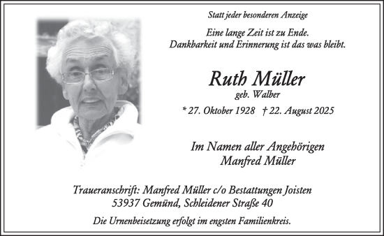 Traueranzeige von Ruth Müller von WochenSpiegel