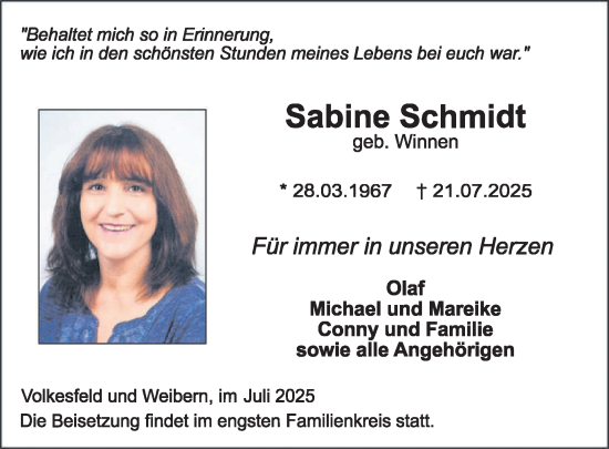 Traueranzeige von Sabine Schmidt von WochenSpiegel