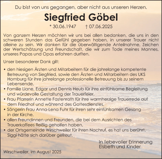Traueranzeige von Siegfried Göbel von WochenSpiegel
