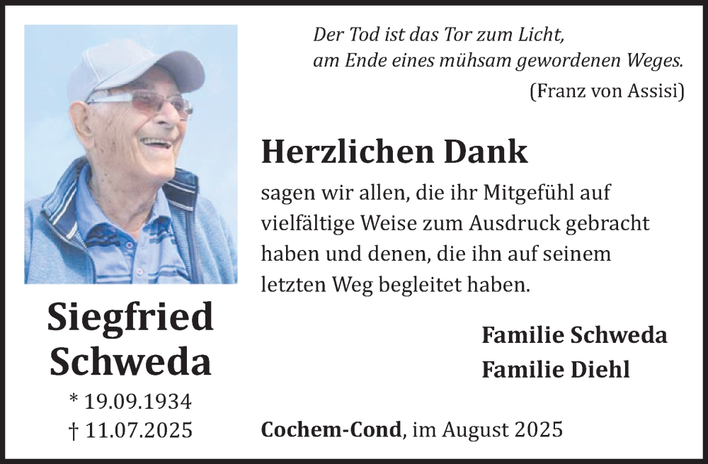 Traueranzeige für Siegfried Schweda vom 20.08.2025 aus WochenSpiegel