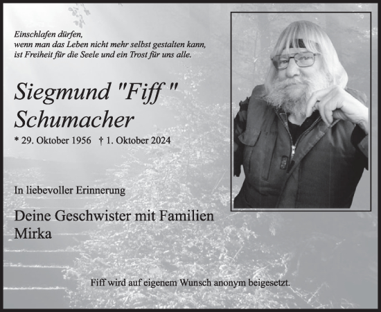 Traueranzeige von Siegmund Schumacher von WochenSpiegel