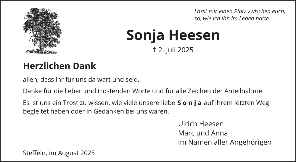  Traueranzeige für Sonja Heesen vom 23.08.2025 aus WochenSpiegel