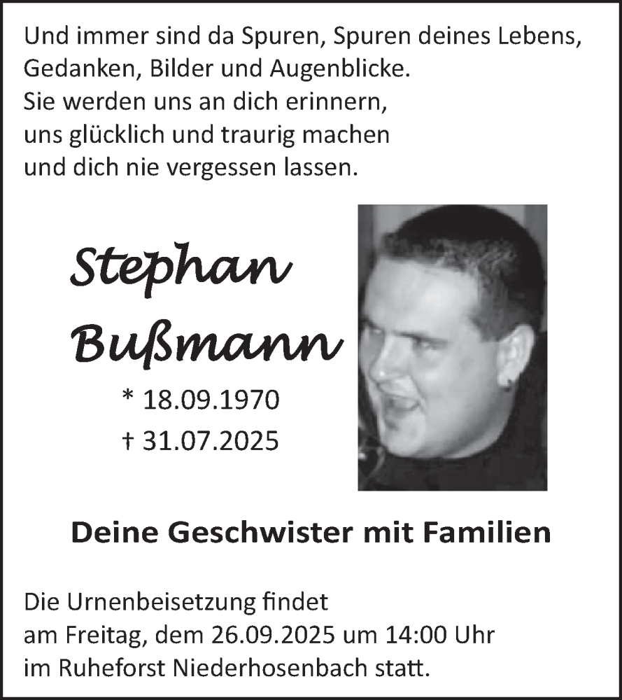  Traueranzeige für Stephan Bußmann vom 30.08.2025 aus WochenSpiegel