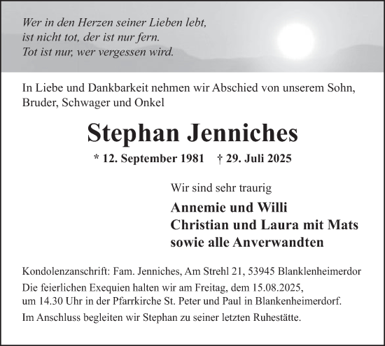 Traueranzeige von Stephan Jenniches von WochenSpiegel