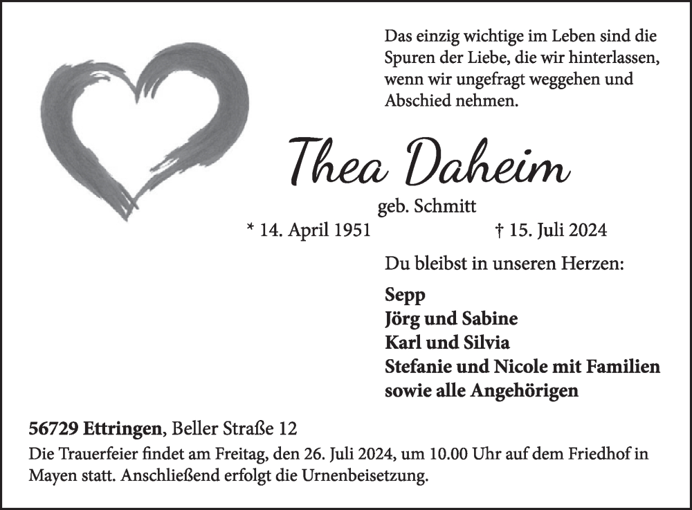  Traueranzeige für Thea Daheim vom 24.07.2024 aus WochenSpiegel