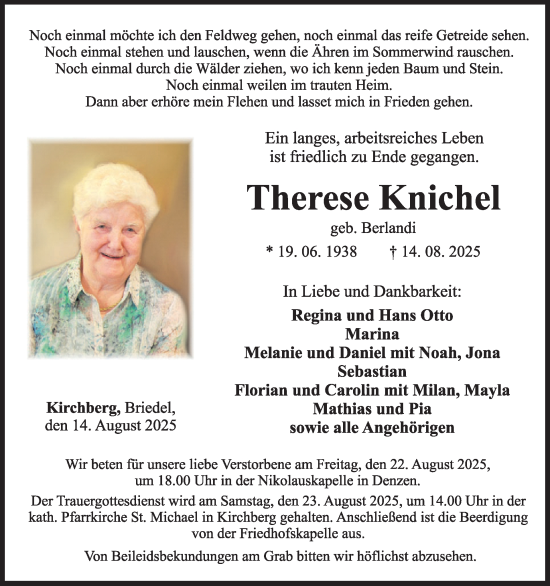 Traueranzeige von Therese Knichel von WochenSpiegel