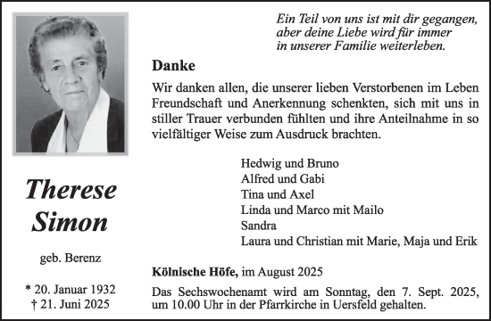 Traueranzeige von Therese Simon von WochenSpiegel