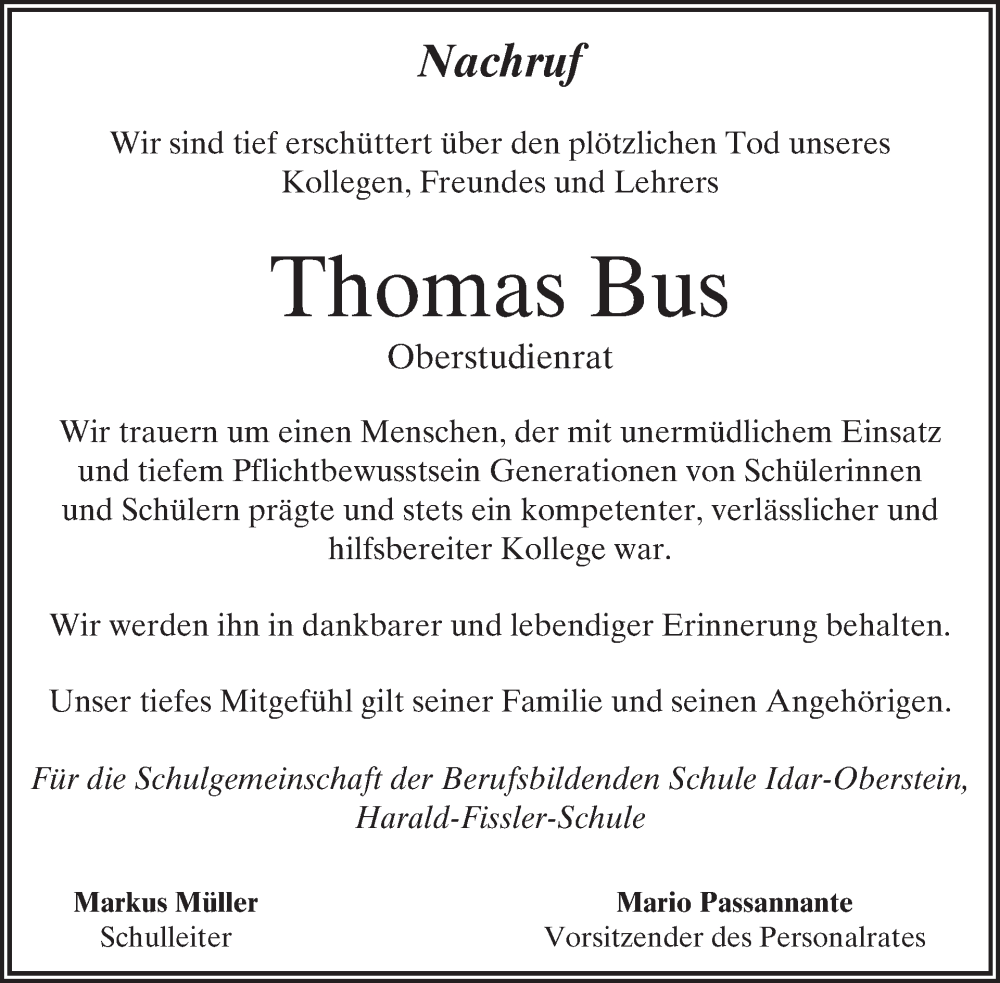  Traueranzeige für Thomas Bus vom 30.08.2025 aus WochenSpiegel