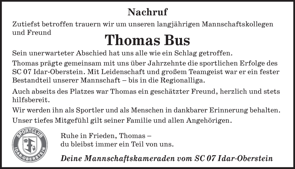  Traueranzeige für Thomas Bus vom 23.08.2025 aus WochenSpiegel