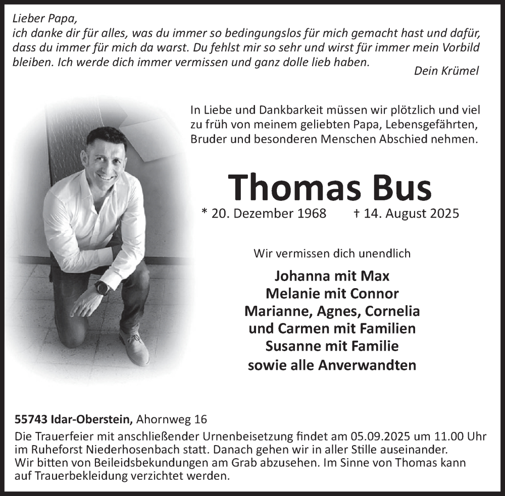  Traueranzeige für Thomas Bus vom 23.08.2025 aus WochenSpiegel