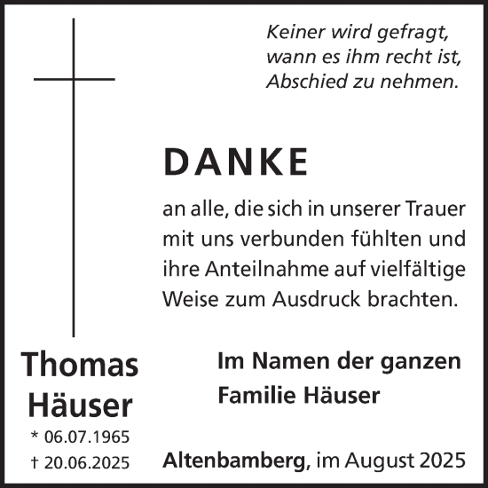 Traueranzeige von Thomas Häuser von WochenSpiegel