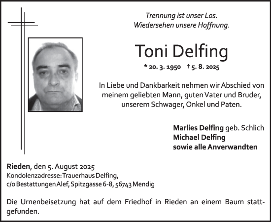 Traueranzeige von Toni Delfing von WochenSpiegel