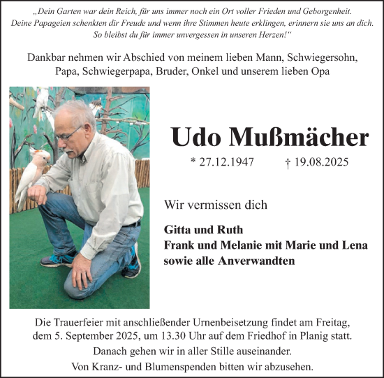 Traueranzeige von Udo Mußmächer von WochenSpiegel