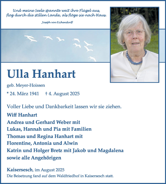 Traueranzeige von Ulla Hanhart von WochenSpiegel