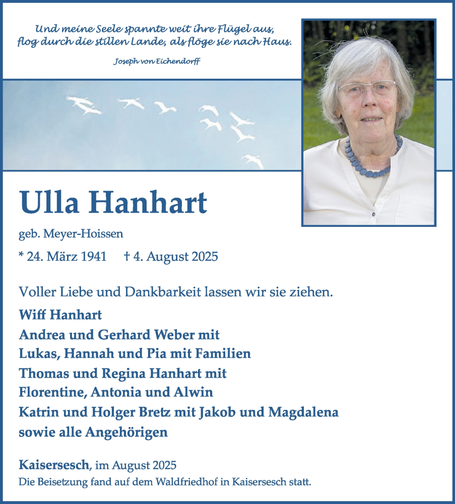  Traueranzeige für Ulla Hanhart vom 27.08.2025 aus WochenSpiegel