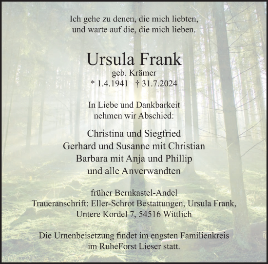 Traueranzeige von Ursula Frank von WochenSpiegel
