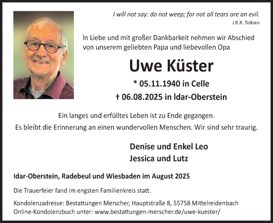 Traueranzeige von Uwe Küster von WochenSpiegel