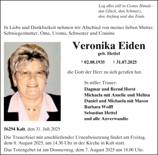 Traueranzeige von Veronika Eiden von WochenSpiegel