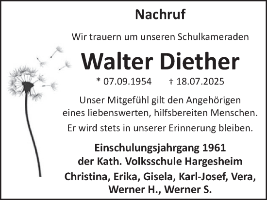 Traueranzeige von Walter Diether von WochenSpiegel