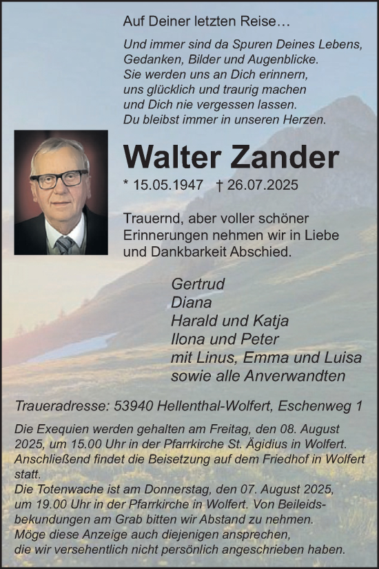 Traueranzeige von Walter Zander von WochenSpiegel