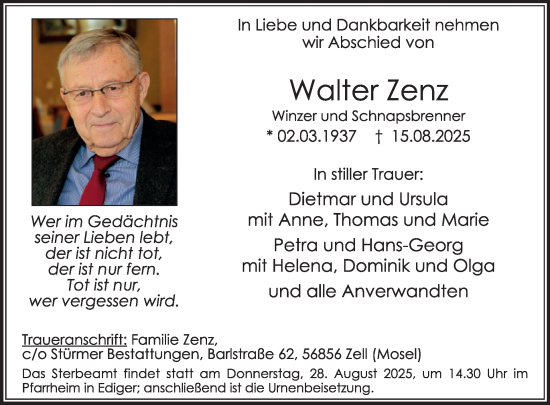 Traueranzeige von Walter Zenz von WochenSpiegel