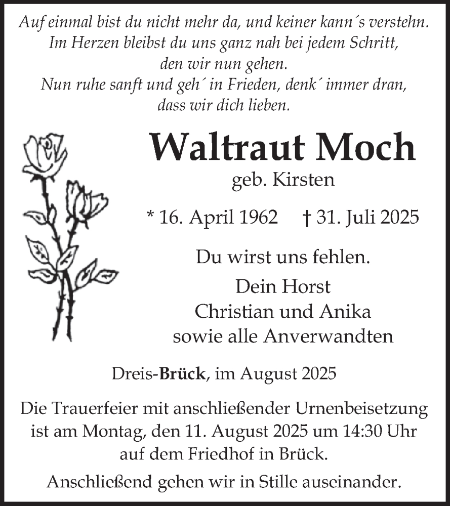  Traueranzeige für Waltraut Moch vom 09.08.2025 aus WochenSpiegel